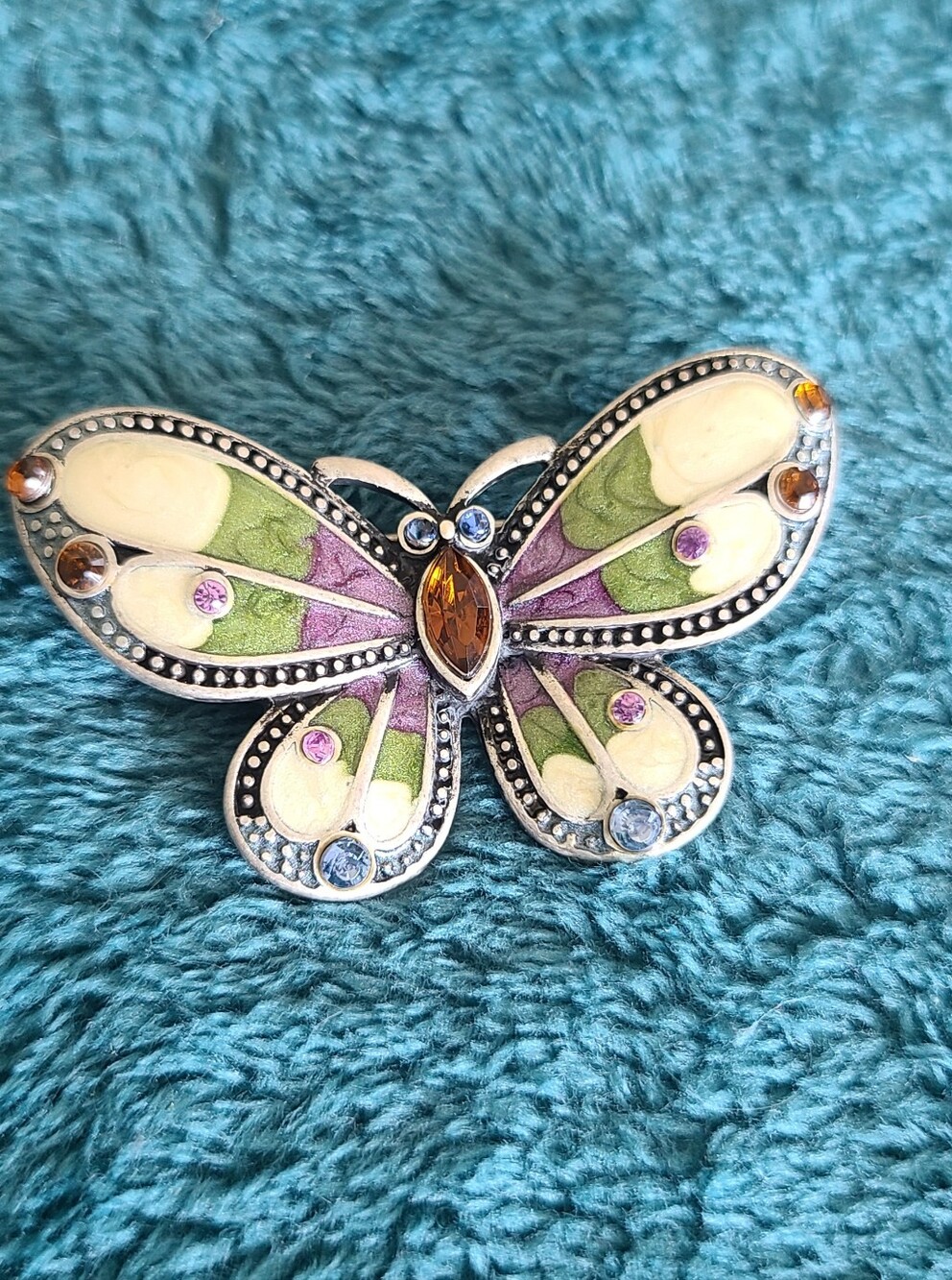 Butterfly Enamel and Crystal Brooch in Green, Purple, Cream